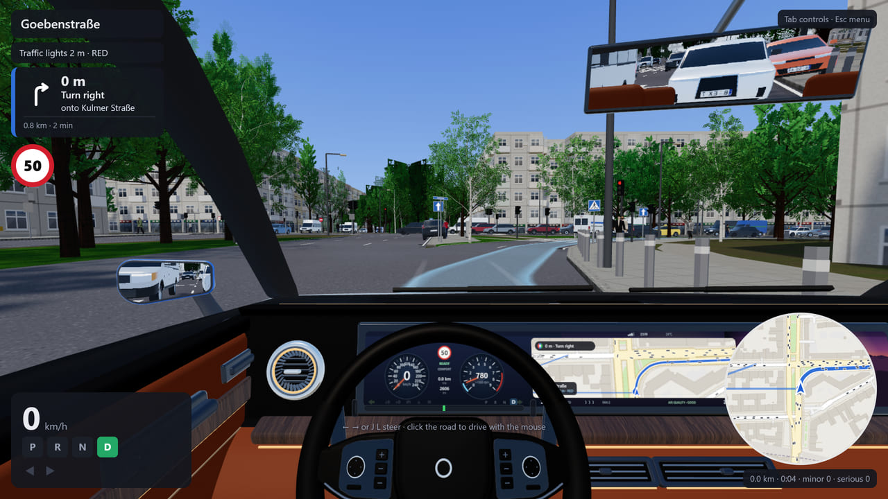 Actual Roadarium cockpit view on Goebenstraße in Berlin, with the path guide on the road, navigation, traffic lights, traffic and mirrors