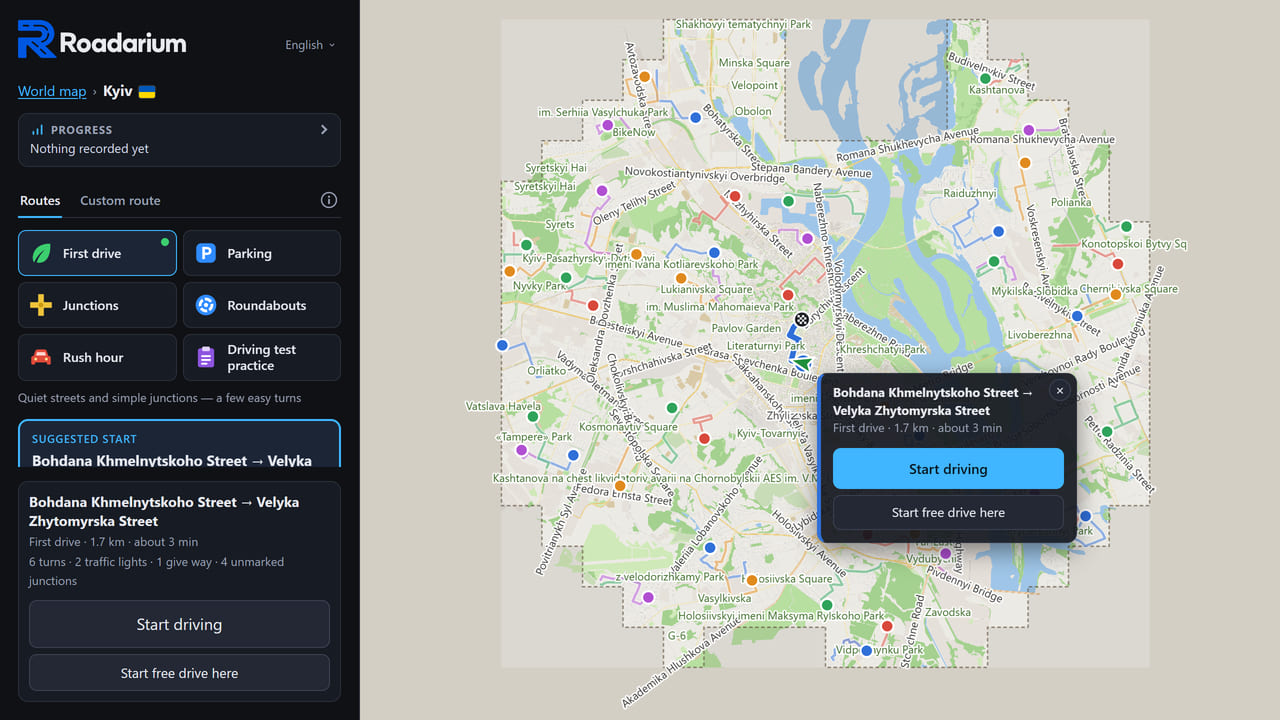 Practice routes on Roadarium’s Kyiv city map